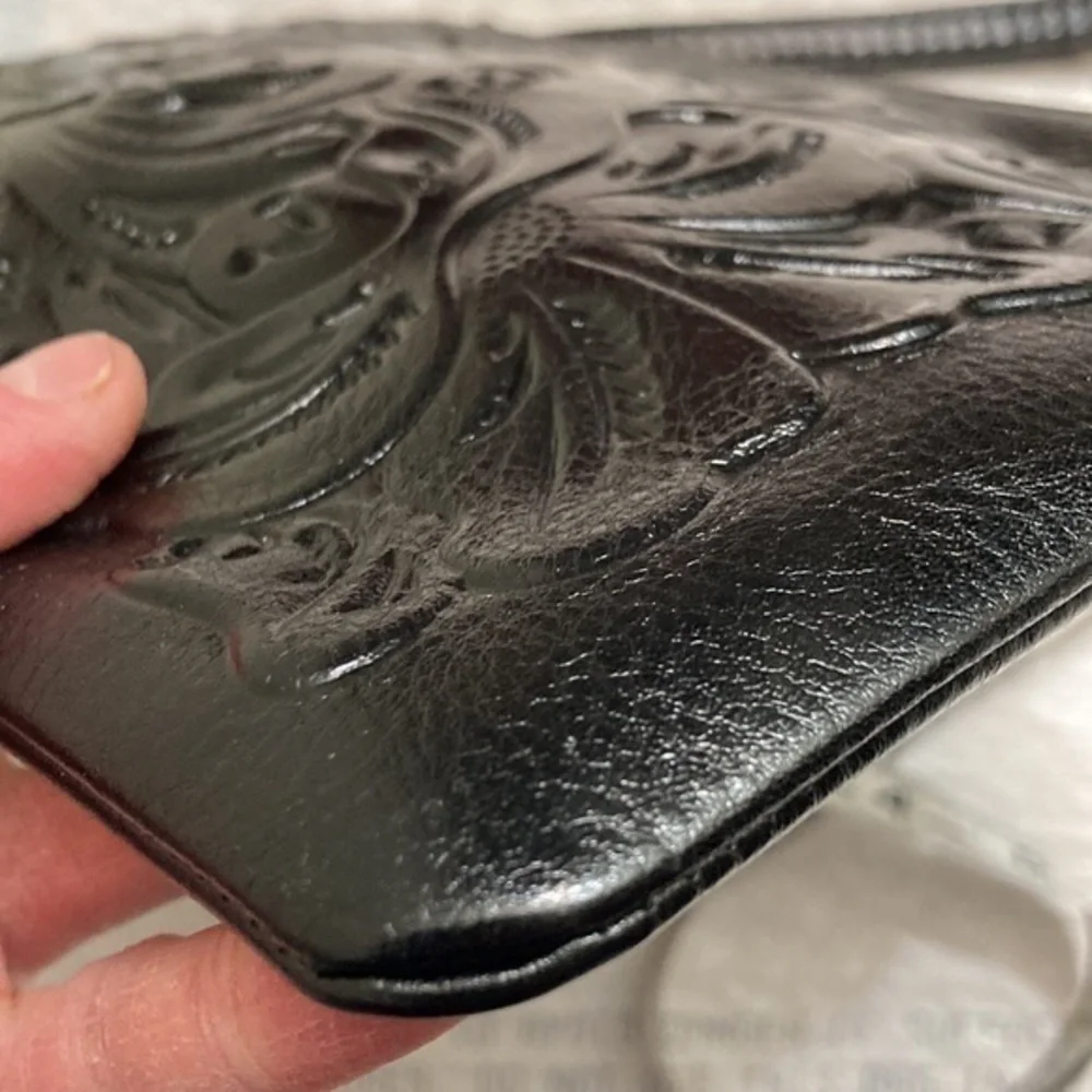 Patricia nash black embossed leather wristlet bag